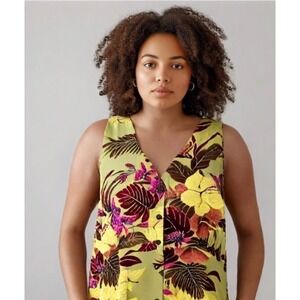 Paradise Found Hawaiian Dress Size 2XL Maxi Yellow Sleeveless Button USA NWT